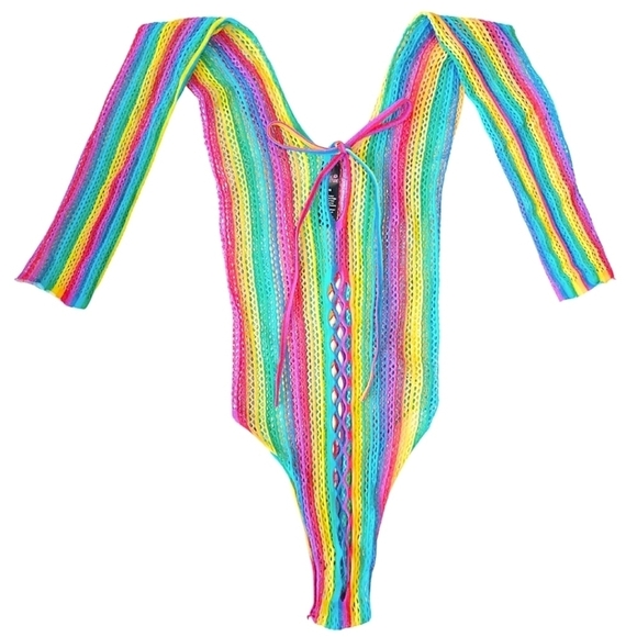 Pink Lipstick Rainbow Long Sleeve Crochet Festival Bodysuit One Size - Picture 2 of 9